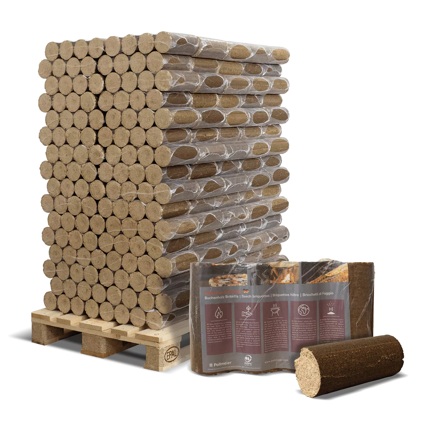 BPB06-Pollmeier-Bois de hêtre haut de gamme-6 kg-palette de 160 unités.webp Pollmeier Buchen-Holzbriketts Nestro – rund ohne Loch (Palette 960 kg) – Image 1