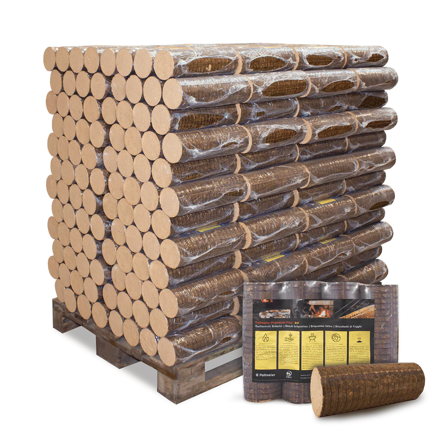 BPP10-Premium-Plus-Buchenholz-Briketts-10kg-96er-Palette-Verpackung-min.webp Pollmeier Buchenbriketts Nestro – rund ohne Loch (960 kg Palette) – Bild 1
